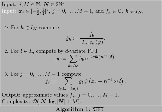 \begin{algorithm}
% latex2html id marker 440
[ht]
\caption{\tt NFFT
}
Input: $...
...dsymbol{N}}\vert \log \vert\ensuremath{\boldsymbol{N}}\vert+M)$.
\end{algorithm}