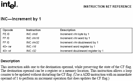INC instruction reference page
