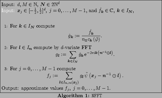 \begin{algorithm}
% latex2html id marker 529
[ht]
\caption{\tt NFFT
}
Input:...
...gorithmic}
Output: approximate values $f_j,\;j=0,\hdots,M-1$.
\end{algorithm}