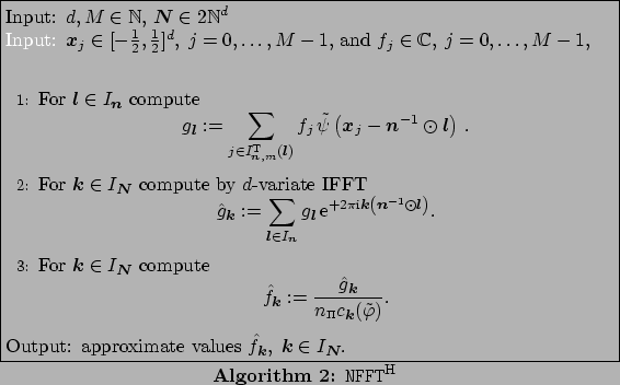 \begin{algorithm}
% latex2html id marker 596
[htbp]
\caption{\tt NFFT$^{\rm H}...
...boldmath {${k}$}} \in I_{\mbox{\boldmath\scriptsize {${N}$}}}$.
\end{algorithm}