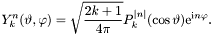 \[ Y_k^n(\vartheta,\varphi) = \sqrt{\frac{2k+1}{4\pi}} P_k^{|n|}(\cos\vartheta) \mathrm{e}^{\mathrm{i} n \varphi}. \]